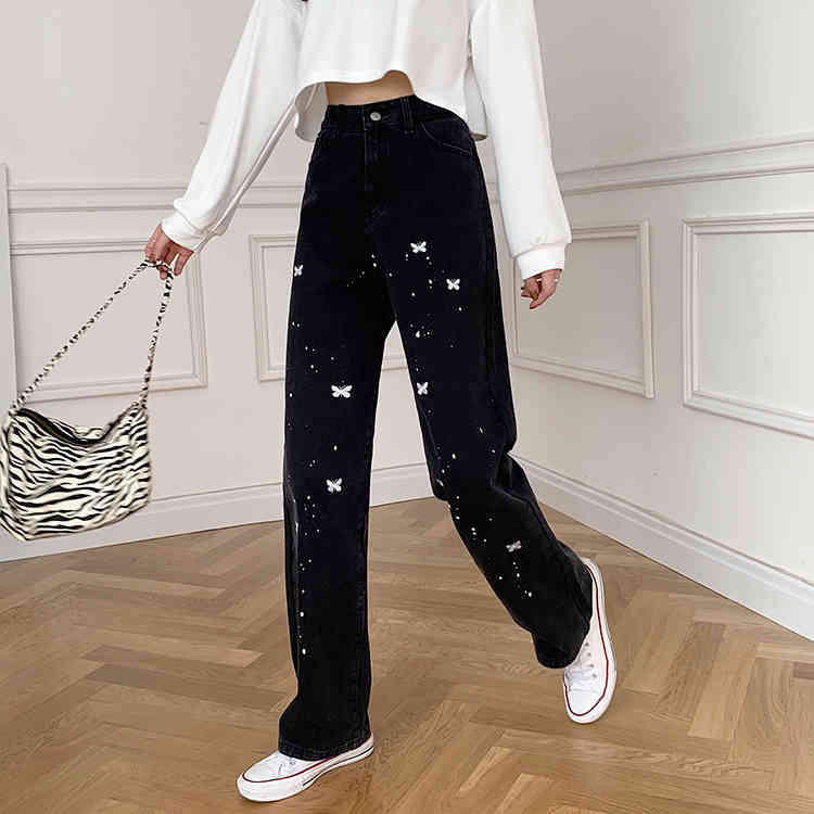 SML Spring korean style women loose Butterfly embroidery denim jeans womens high waist straight jeans for women(F9023) 210423