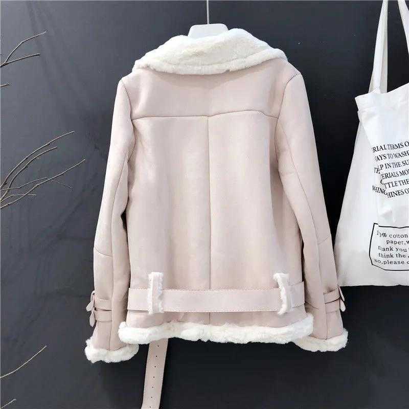 Women Winter Suede Lamb Cold Days Coat Thick Warm Jacket Short Motorcycle Belt Tops Wool Sheepskin Outwear Loose Korea 211019
