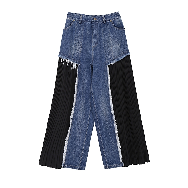 Autumn High Waisted Jeans For Women Pleated Pants Patchwork Casual Chiffon Wide Leg Trousers Fashion 5A283 210427