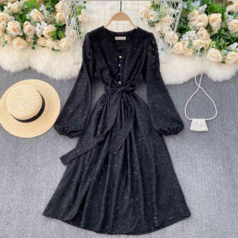 FLF Spring Autumn V Neck Solid Puff Sleeve A Line Dress Vintage Full High Waist Mid-Calf Women Floral Print Dresses 210521