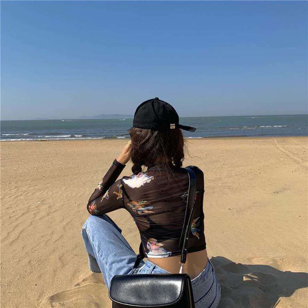 Angel Print Sheer Blue Black Mesh Long Sleeve Blouse Shirt Summer Pullovers Elegant Sexy See Through Tops 210510