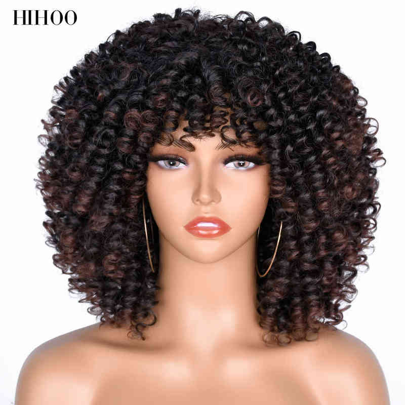 Hairpiece Short Afro Kinky Curly Wigs with Bangs for Black Women Synthetic Wig Natural Blond Honey Brown Cosplay Lolita 0121
