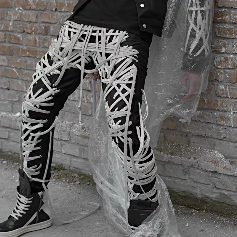 IEFB /men's wear high street Patchwork strings Bandage male's Trouser High Waist Casual Slim Pants Streetwear Fashion 210524