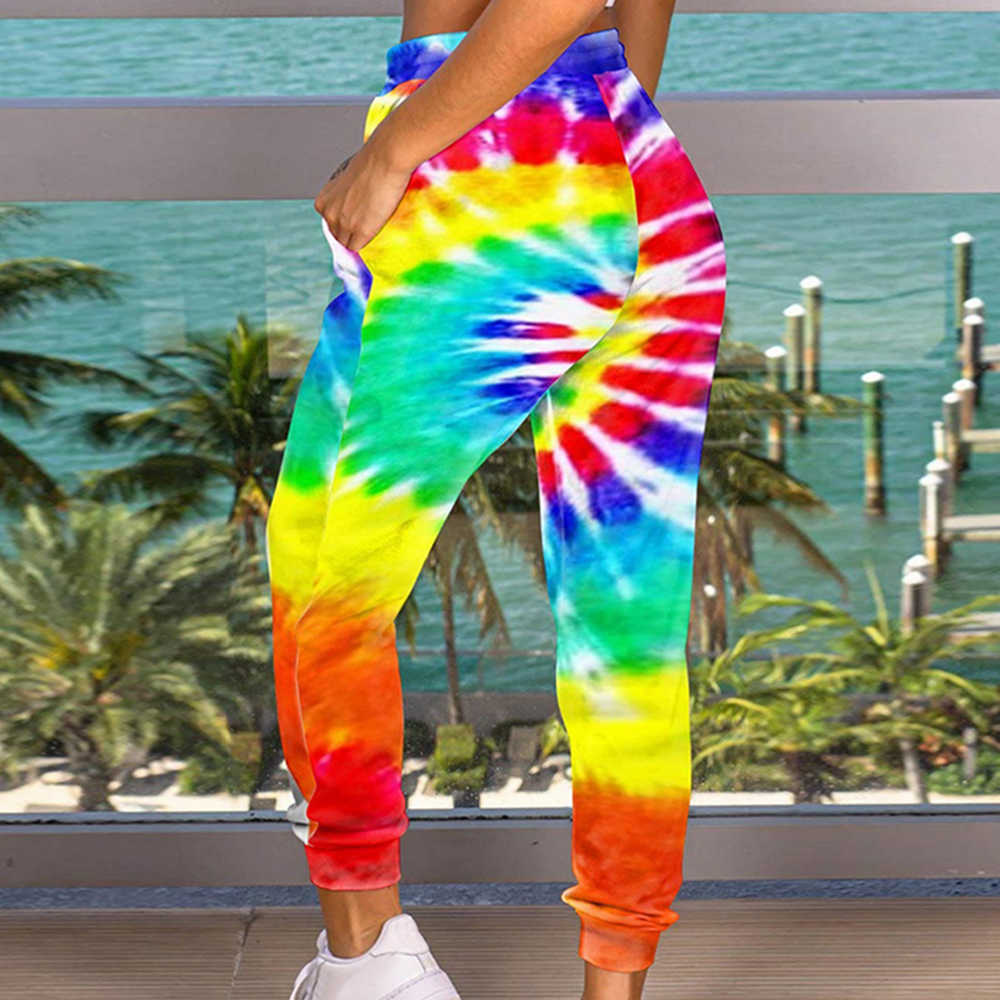 Women Pants Tie Dyeing Print Chic Wide Leg Summer Casual Beach Party Wear Boho High Waist Femme Pantalons 210604