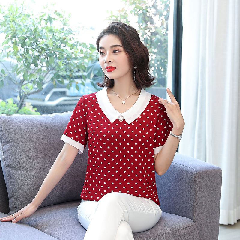 Women's Spring Summer Style Chiffon Blouses Shirts Women's Elegant Peter pan Collar Polka Dot Short Sleeve Casual Tops SP605 210317