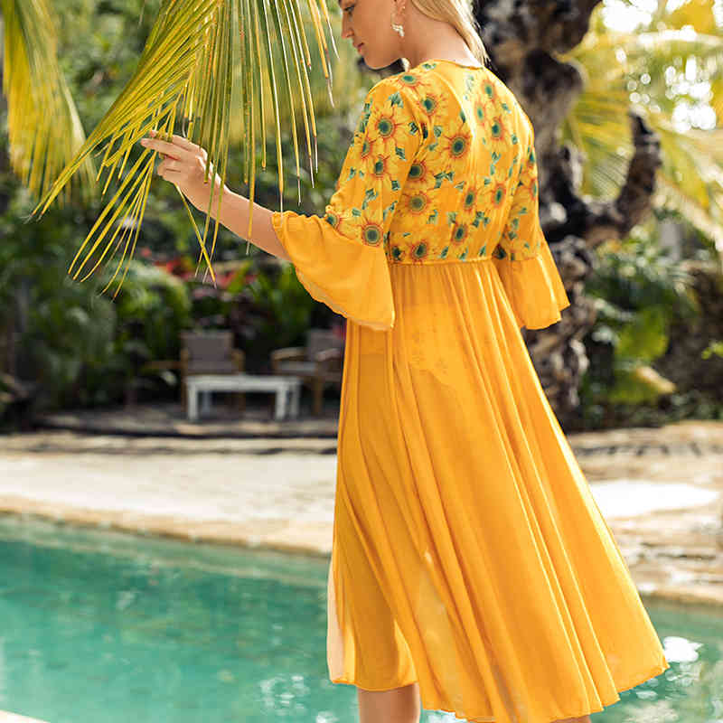 Chiffon Tunic Beach Dress Cover Up Sunflower Print Kaftan Robe Swimwear Women Bikini Sarong Bathing Suit Girl Pareo Beachwear 210520