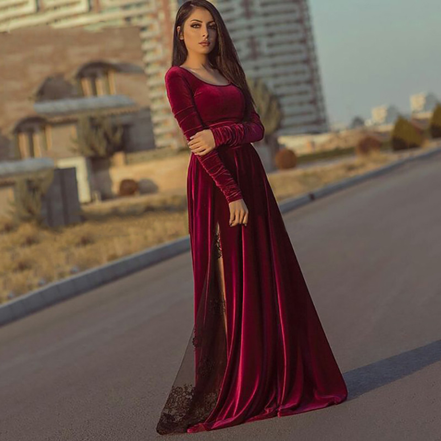 Burgundy Velvet Caftan Evening Long Sleeve Black Lace Dubai Formal Party Gowns Longo Prom Gowns 2021