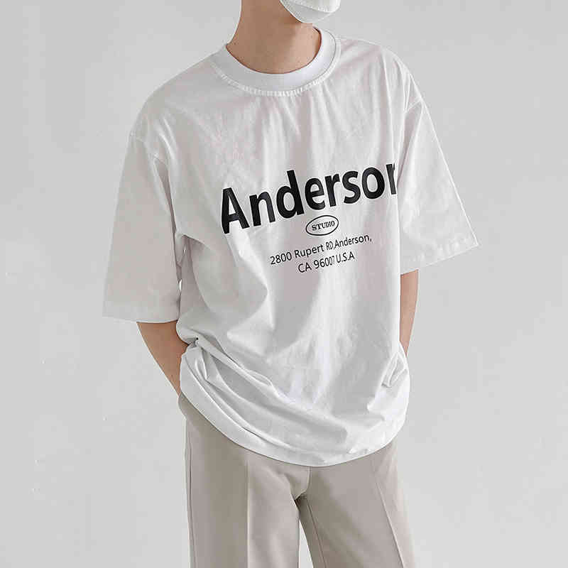 IEFB Short Sleeve T-shirt Men's Korean Style Summer Loose Letter Print Simple Fashion Tops Round Collar Causal Basic Cloth 210524