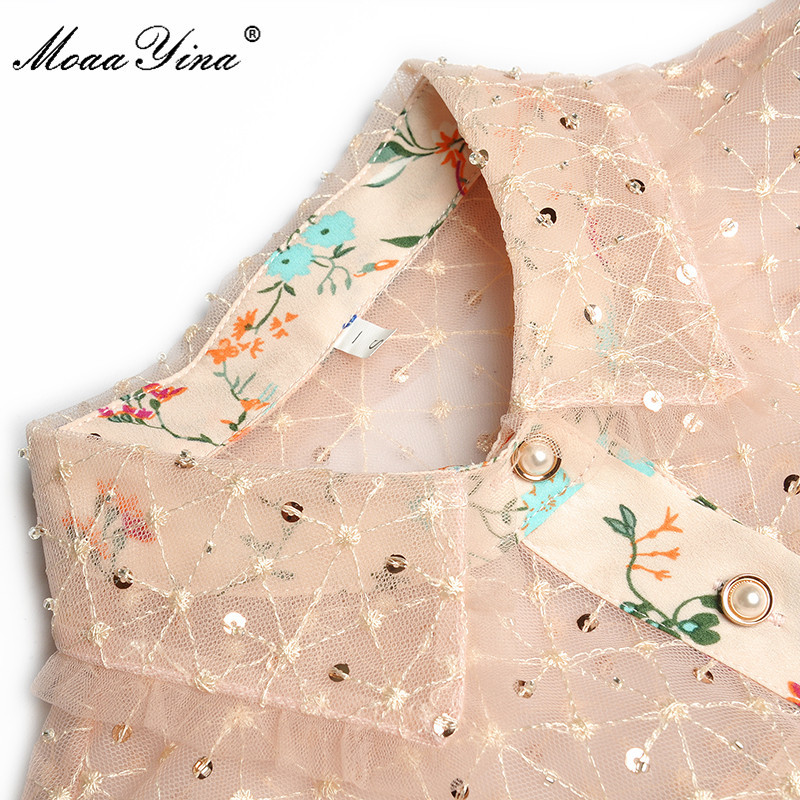 Fashion Runway dress Summer Women's Dress Sequins Mesh turn-down collar Short sleeve Ruffles Floral-Print Dresses 210524