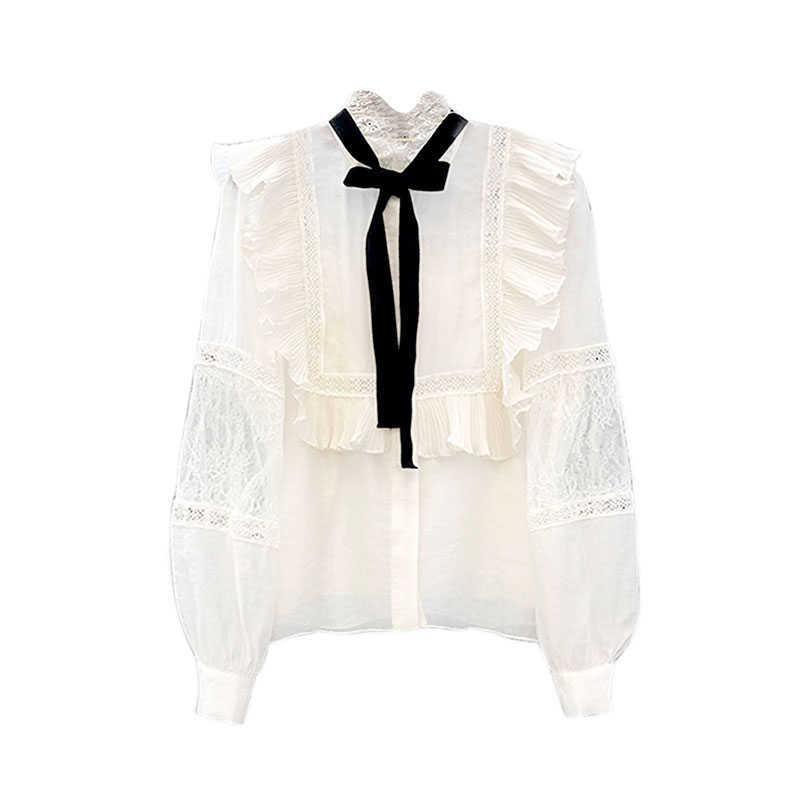 VANOVICH Korean Spring and Summer Stand Collar Bow Lotus Leaf Side Lace Shirt Female Casual Women-blouses 210615Z