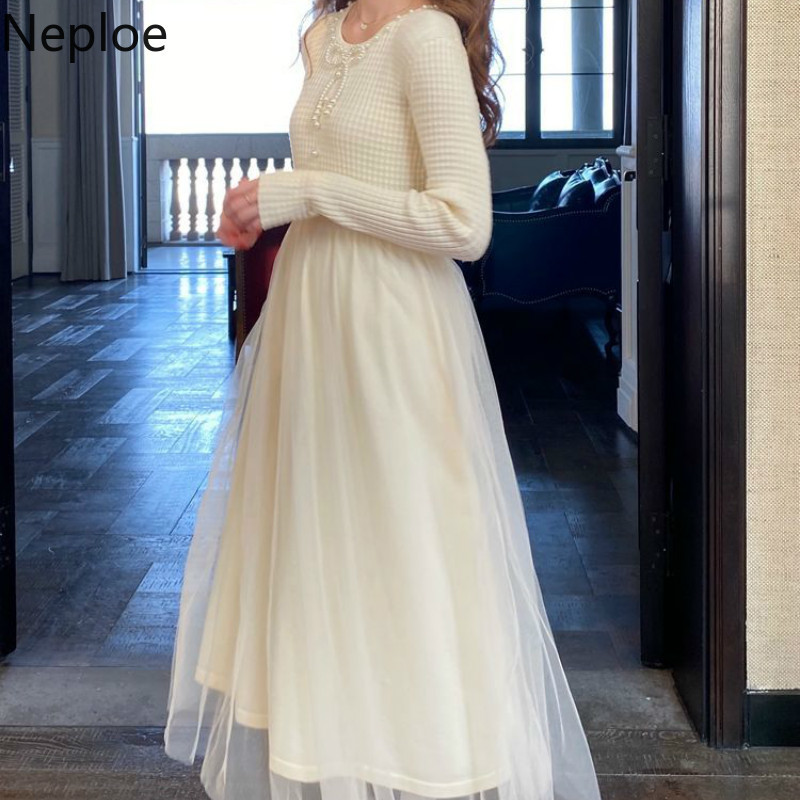 Neploe Chic Beading Bow Dress Patchwork Gauze Knitted Sweet Dresses for Women O-neck High Waist Slim Fit Robe Vestidos 4H020 210422