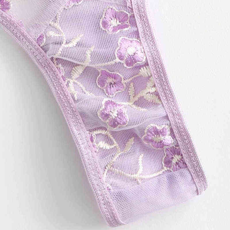 style women's thin section mesh embroidered sexy underwear underwire gather bra panty set thong sexy lingerie set 211104wtt