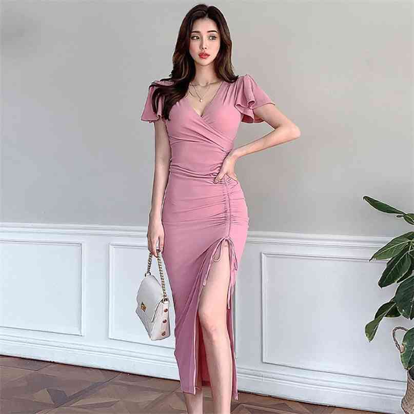 Korean Fashion Pink Midi Dress Women Clothes Elegant Lady Short Butterfly Sleeve Summer Slim Split Draped Party 210603