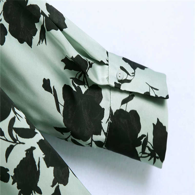 Za Loose Print Satin Long Shirt Women Long Sleeve Large Size Irregular Top Female Fashion Front Button Vintage Green Shirts 210602