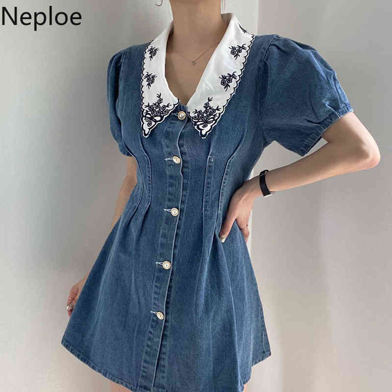 Nwploe Mini Denim Dress Women Korean Chic Robe Vintage Embroidery Pleated Dresses Single Breasted Puff Sleeve Jeans Vestidos 210422