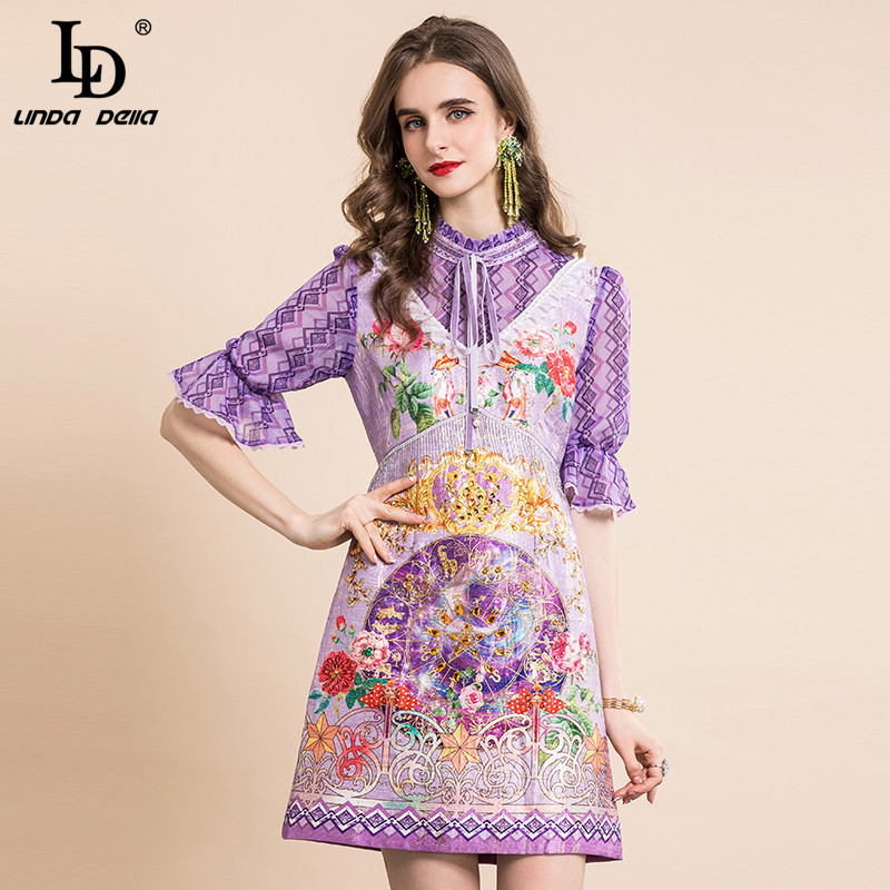 Summer Runway Purple Floral Dress Women's Flare Sleeve Bead Vintage Printed Short Party 210522