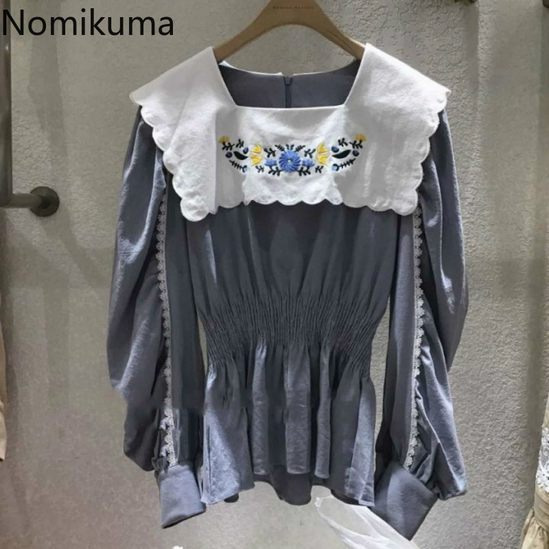 Nomikuma Sweet Floral Embroidery Turn-down Collar Women Blouse Autumn New Long Sleeve Causal Doll Shirt Korean Blusas 6C671 210427