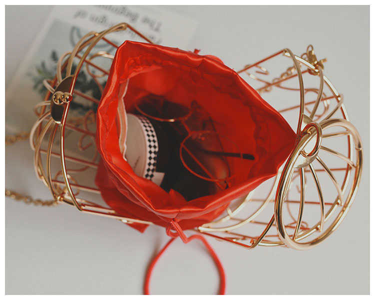 Women's Birdcage Evening Bag Clutch Metal Frame Embroidery Bucket Bird Cage Mini Purse Women Gold Tassel Handbag 211025