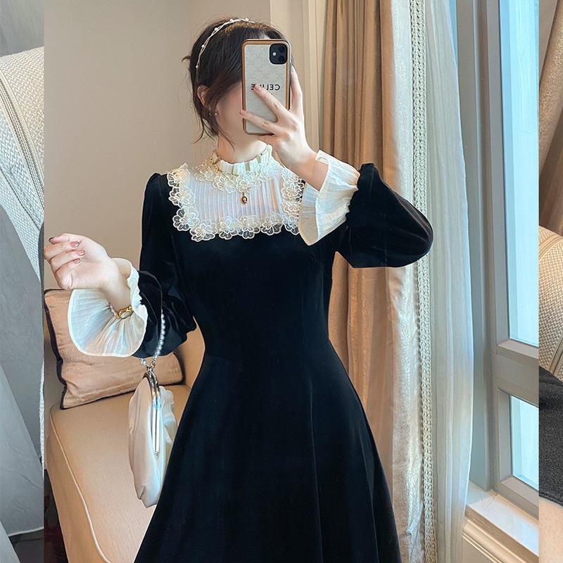 french women dress retro black midi elegant one piece spring slim lace evening party velvet female cute, Black;gray
french women dress retro black midi elegant one piece spring slim lace evening party velvet female cute, Black;gray