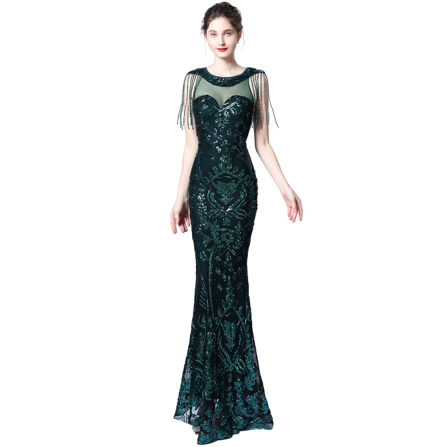 Sparkly Emerald Green Evening Dresses Sequins Applique Tassel Mermaid Fishtail Prom Reception Gowns robe vert émeraude