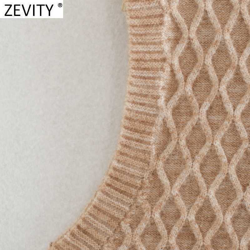 Zevity Women Honeycomb Stitched Vest Short Knitting Sweater Female Chic O Neck Sleeveless Solid Slim Pullovers Tops SW818 210603