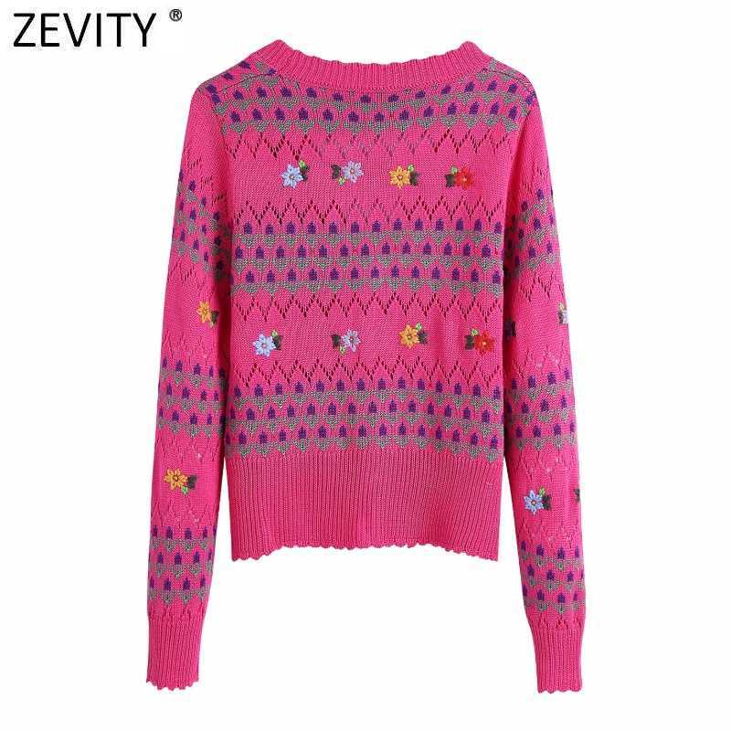 Zevity Women Fashion V Neck Floral Embroidery Hollow Out Crochet Knitted Sweater Female Chic Long Sleeve Cardigan Tops SW832 210603