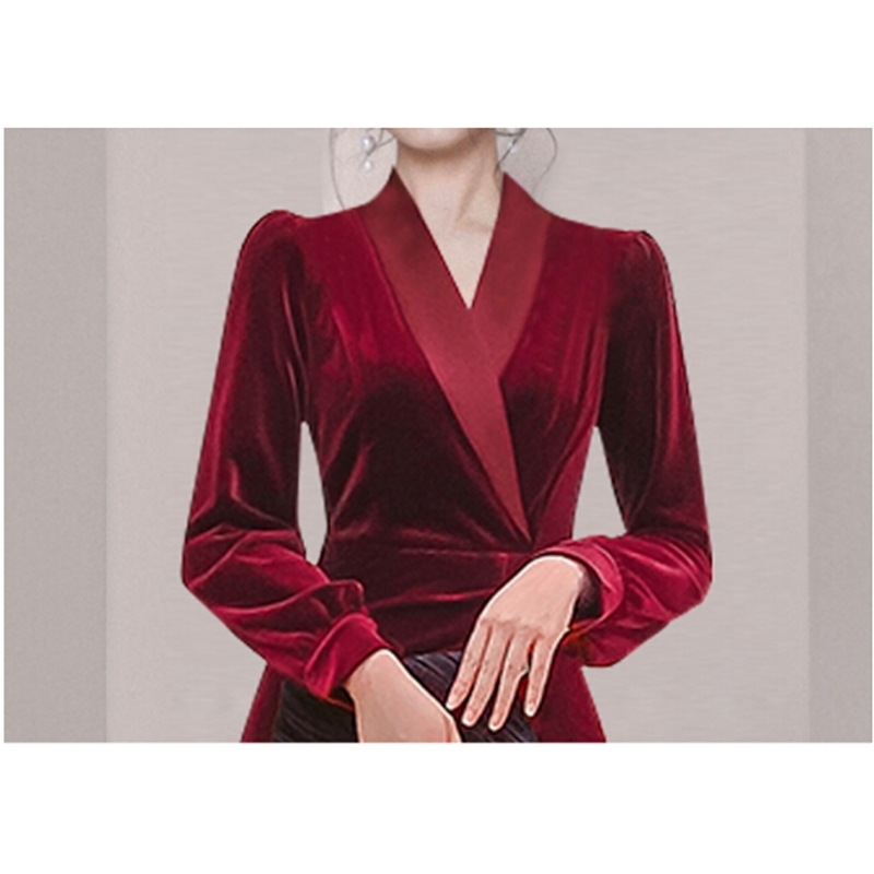 Autumn Red Velvet Party Dress Women Sexy Split V-Neck Long Sleeve High Waist Vestidos Female Fashion Clothes 210520