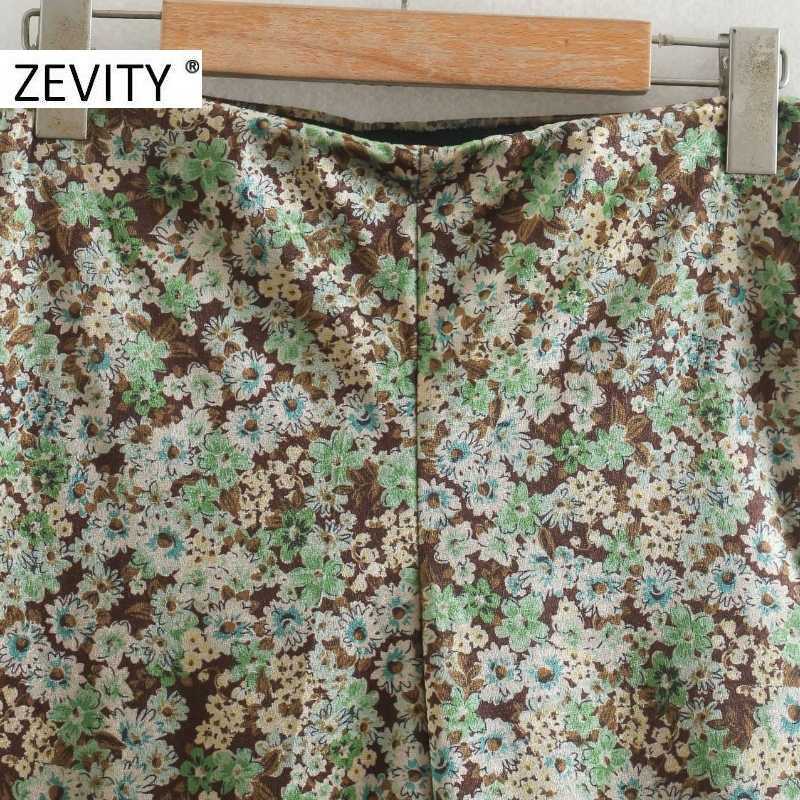 Zevity Women Vintage Flower Print Slim Velvet Pencil Pants Femme Side Zipper Fly Trousers Lady Retro Casual Chic Pants P958 210603