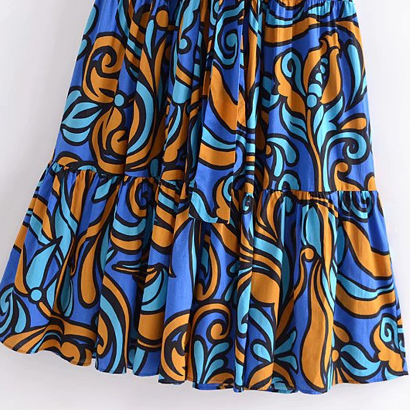 Casual Women O Neck Draw Back Dress Summer Fashion Ladies Beach Style Female Digital Print Long Skirt 210515