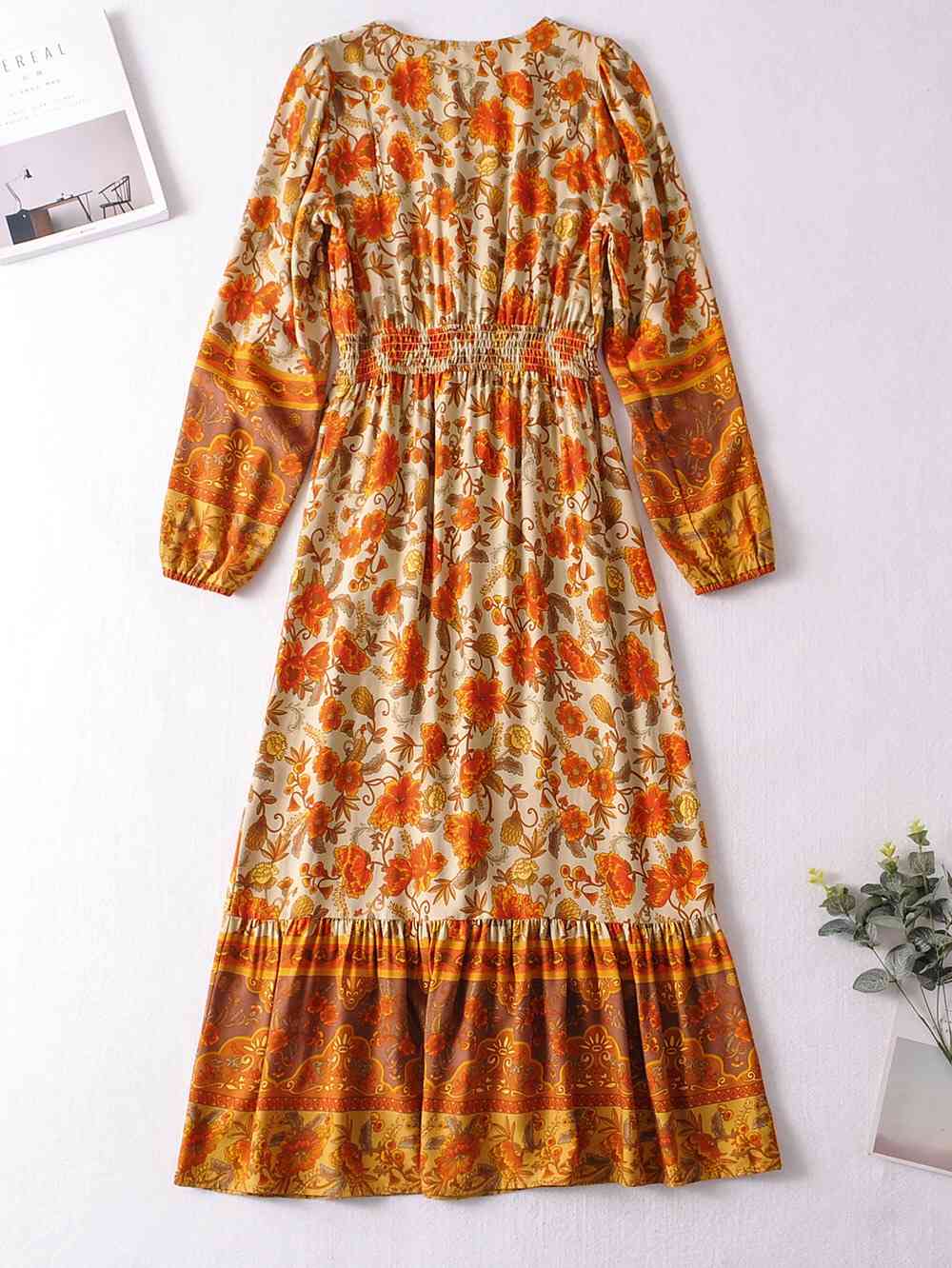 Bohemia Buttons V neck Floral Print BOHO Long Sleeve Dress Woman Bow Strappy Lacing up Elastic Waist Holiday Dresses 210429