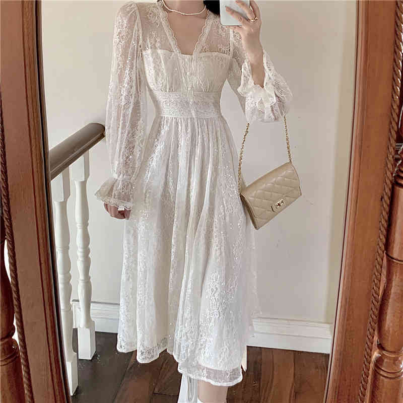 Fairy Elegant Dress Women Casual Evening Party Vintage Dress Female Retro Long Sleeve Dress Korean Autumn 210521