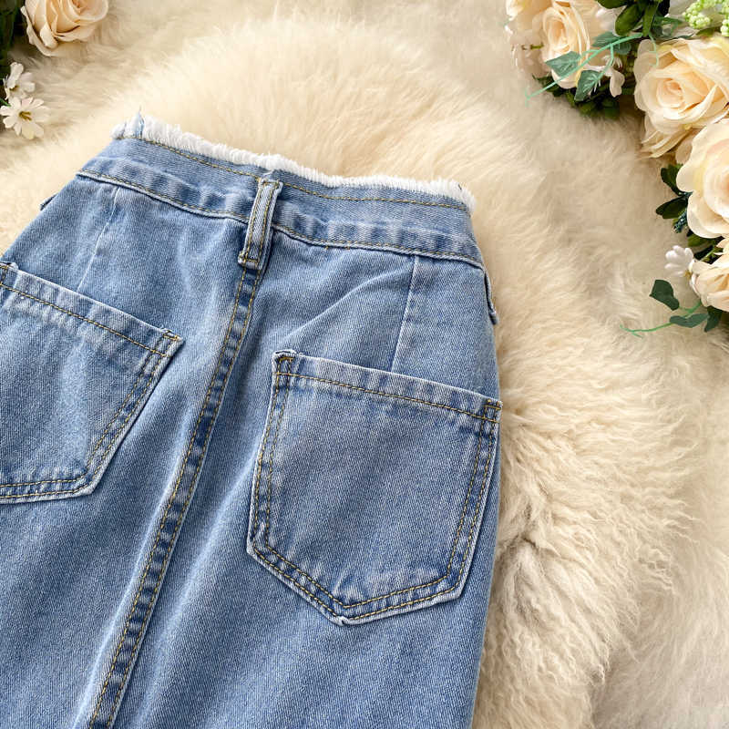 Long Denim Skirt for Women Korean Fashion Vintage Tassels High Waist Single Breasted A-line Jeans with Pockets 210603