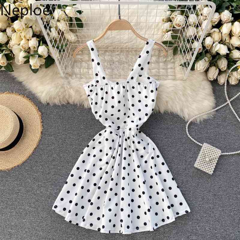 Neploe Woman Dress Fashion Polka Dot V-neck Backless Vestidos Summer Clothes Robe Sweet Sling Mini Dresses for Women 94937 210422