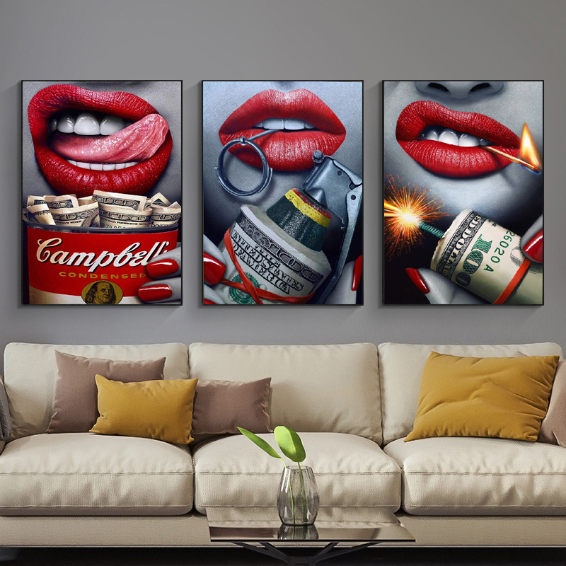 Wall Art Sexy Red Lips Bite Bullet and Money Modern Canvas Paintings For Living Room Posters & Prints Home Decor