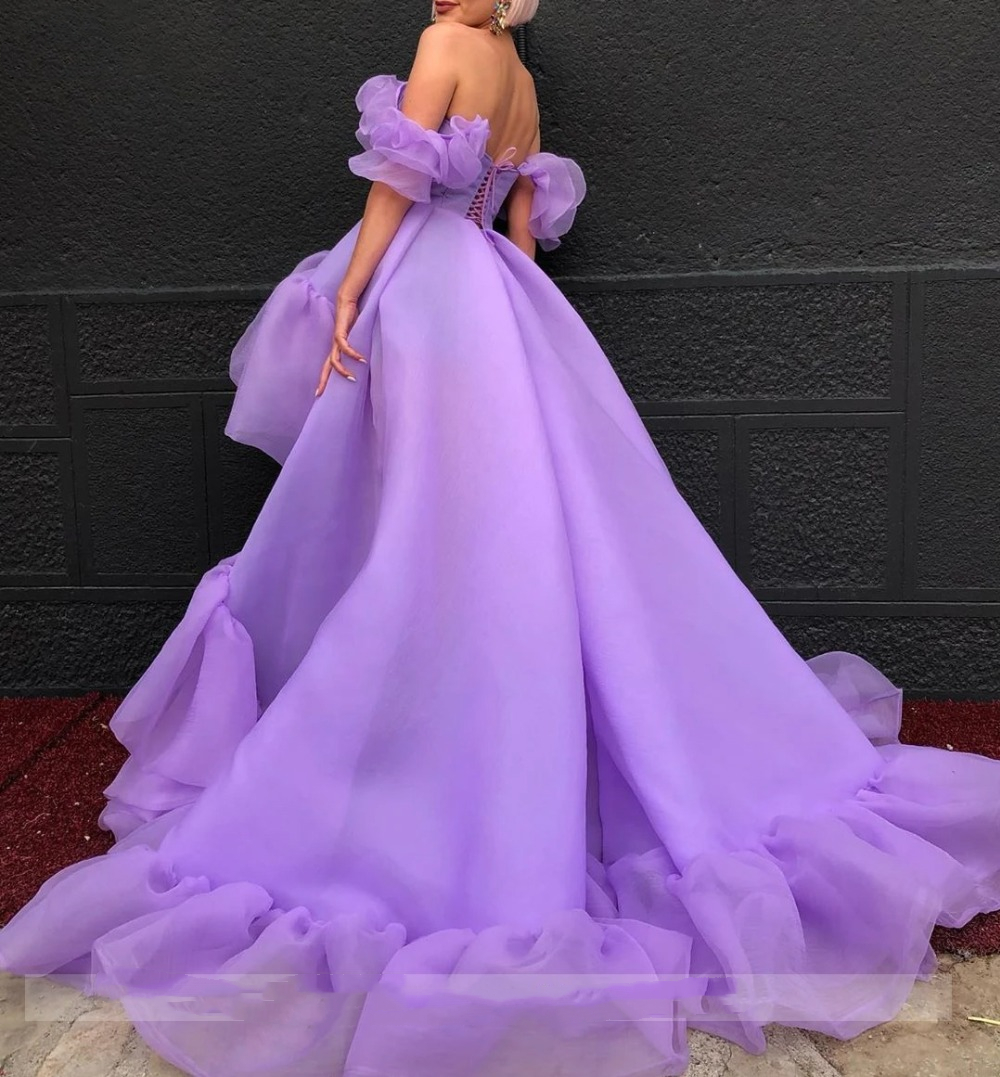 Lilac High Low Prom Dresses Long Back Purple Organza Ruffles Sweetheart Formal Party Evening Wear for Women 2021 Pageant Graduation Robes De Soriee Sw