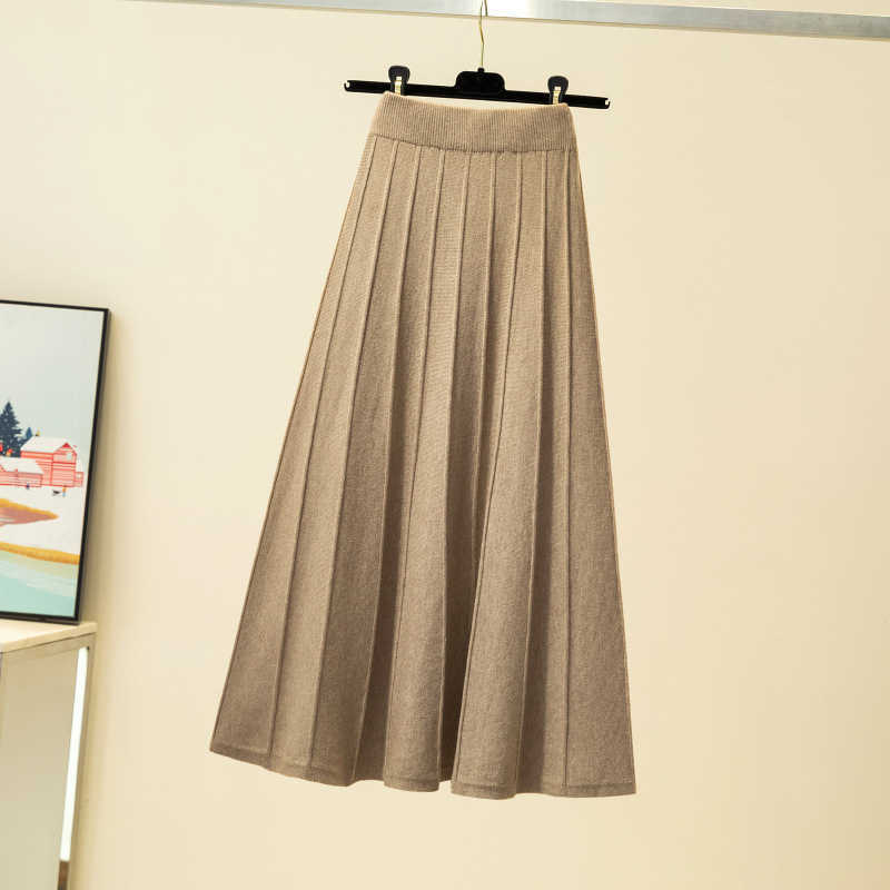 Women Knitted Ribbed Pleated Midi Skirts Solid Warm A-Line Skirt Female Winter Autumn Trendy Elegant Ladies Bottoms Girls 210619
