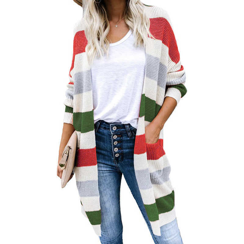 Woman Casual Long V-Neck Cardigans Knitted Sweater for Womens Autumn Female Colorful Striped Sleeve Pockets Cardigan 210604