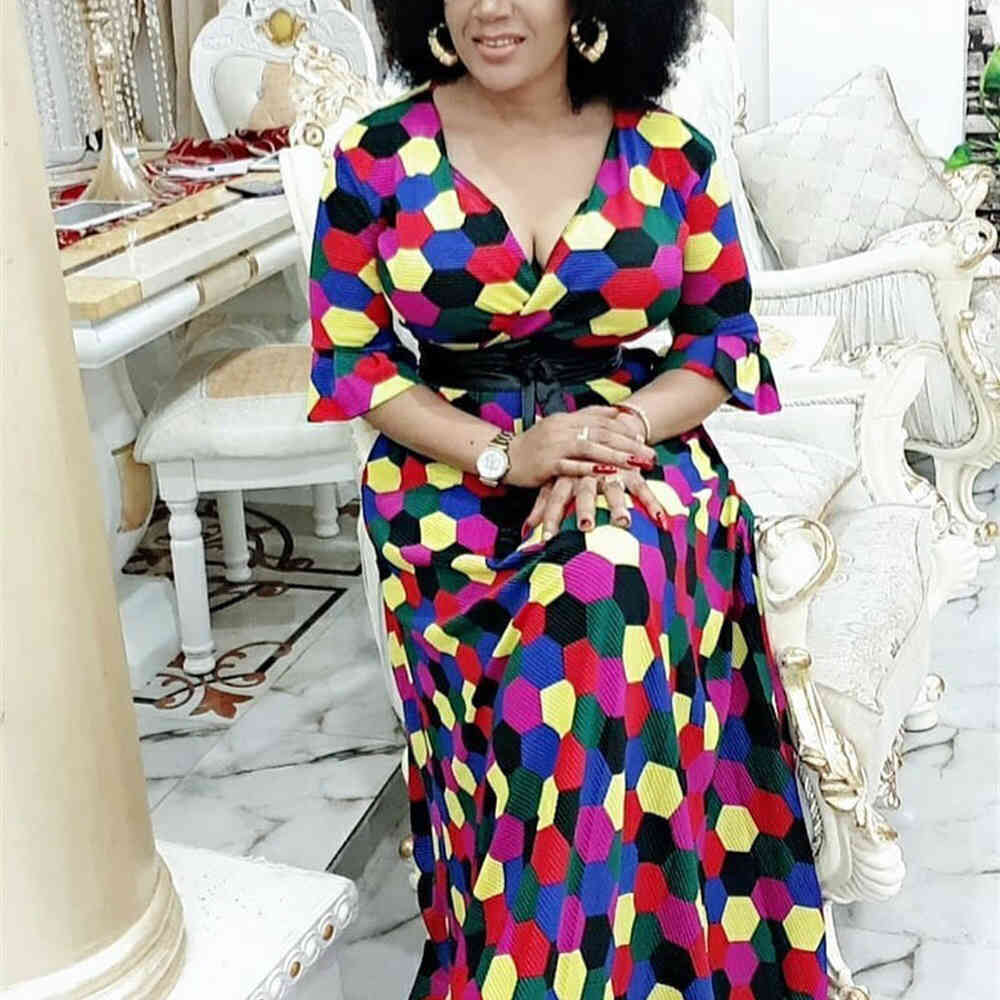 African Long Dresses For Women Maxi Party Dot Print V Neck Half Sleeve High Waist Floor Length Elegant Evening Night Wear Dress 210510