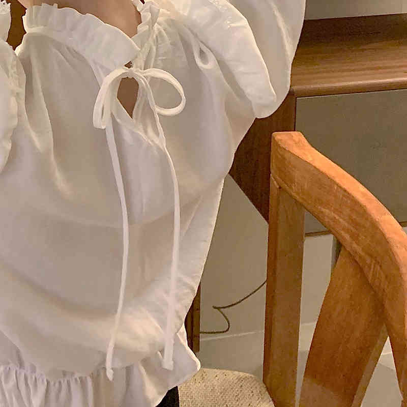 Nomikuma Sweet Stand Neck Women Blouse Korean Ruffle Patchwork Shirt Spring New Flare Long Sleeve Causal Blusas Mujer 6D770 210427