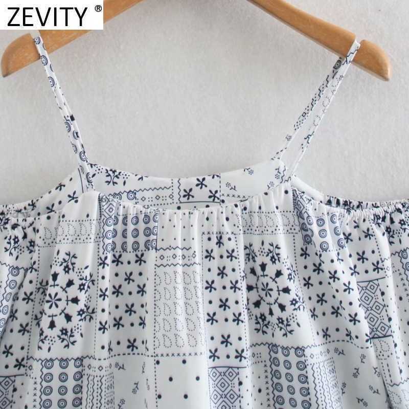 Zevity Women Fashion Geometric Patchwork Print Sling Blouse Female Off Shoulder Casual Smock Shirts Chic Blusas Tops LS9231 210603