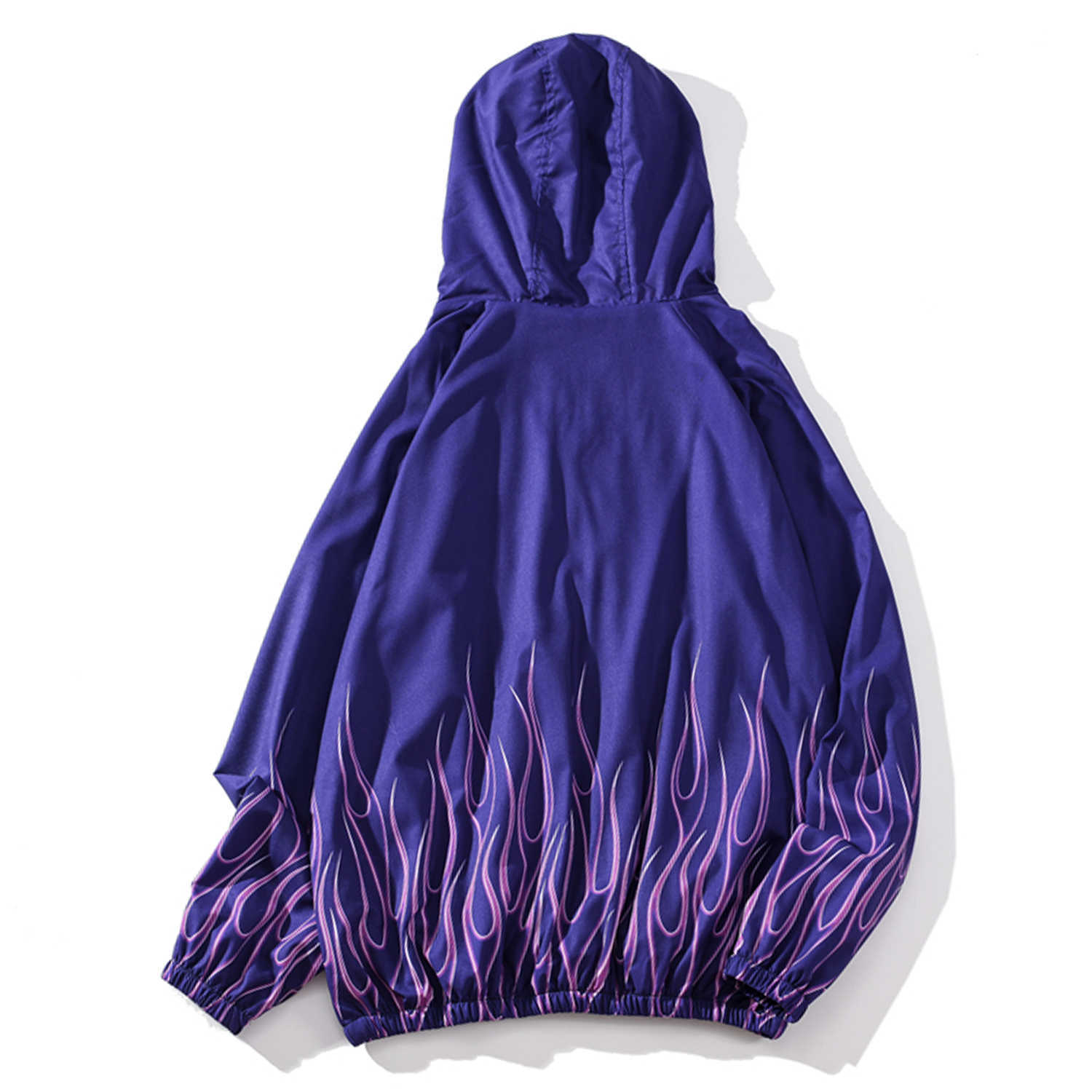 Hooded Jacket Coat Zipper Hoodies Windbreaker Coat Flame Print Harajuku Streetwear Oversized Men Coats Casual Outwear Autumn 210818