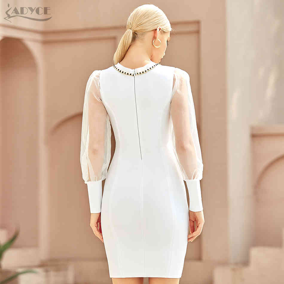 Summer Women White Lace Bodycon Bandage Dress Sexy V Neck Long Sleeve Button Evening Celebrity Club Party Dresses 210423