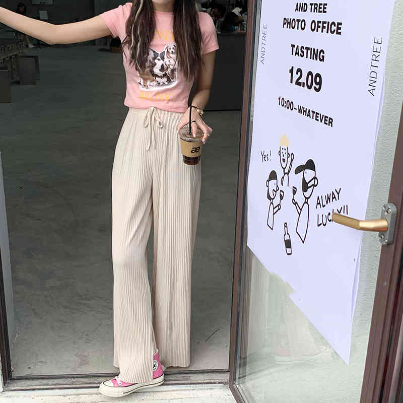 Pants & Capris Thin Summer High Waist Black Drawstring Elastic Split Wide Leg Pant Women Pleated Wild Loose Pantalones 210429