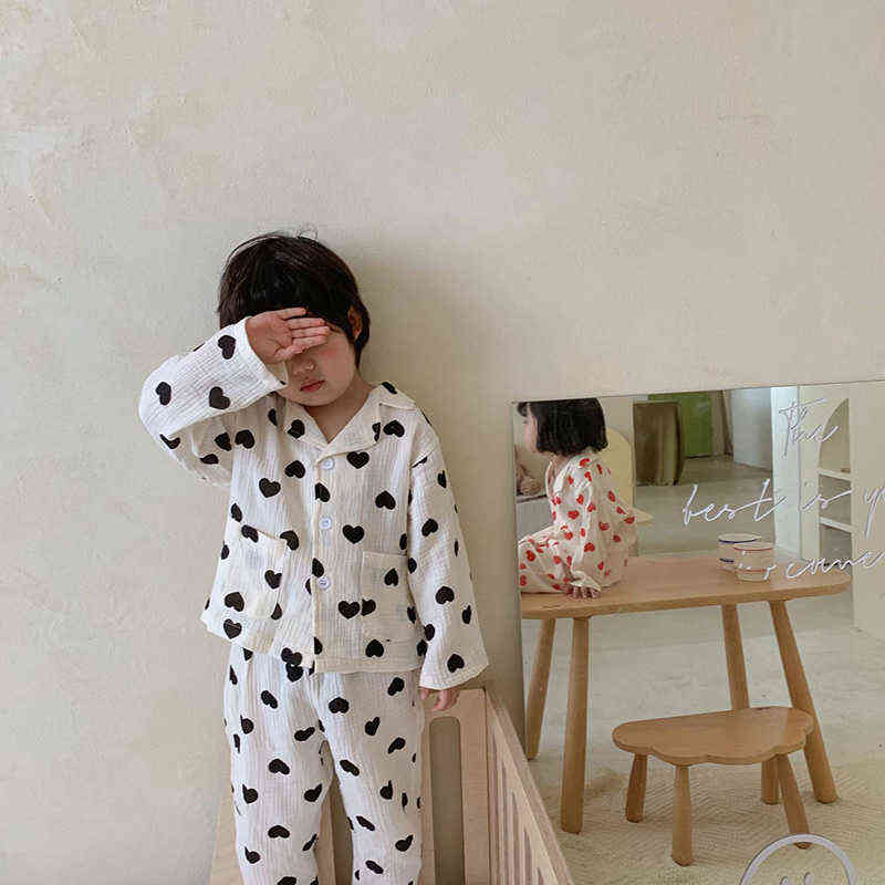 MILANCEL Autumn Kids Pajama Set Heart Print Girls Sleep Cotton Boys Sleepwear Indoor Suit 211130