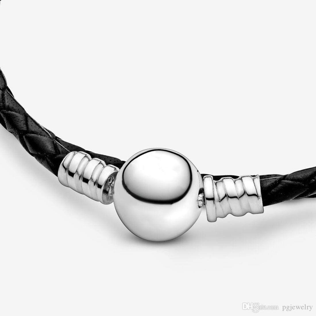 Fine jewelry Authentic 925 Sterling Silver Bead Fit Charm Bracelets Charms Bracelets Moments Double Black & Pink Leather Safety Chain Pendant DIY bead