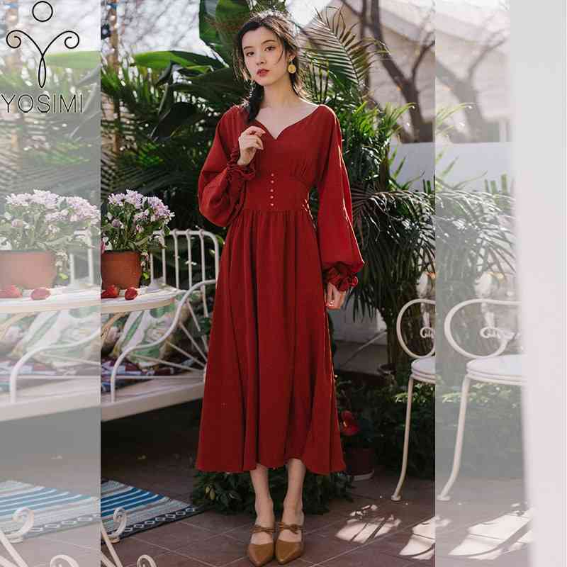 

YOSIMI Red Women Long Dress Autumn Midi V-Neck Full Sleeve Fit and Flare Vintage Lantern Empire Party es 210604, Burgundy