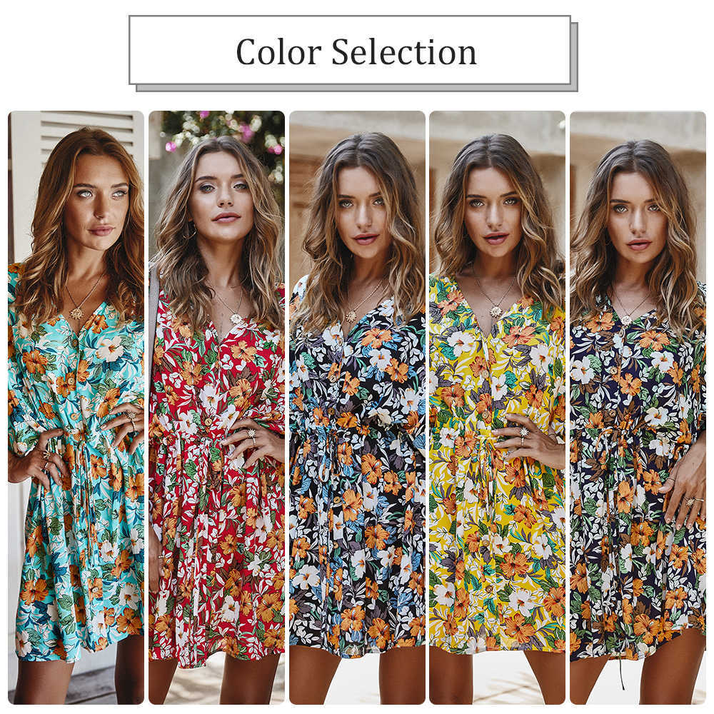 Summer Dress Women Boho Floral Print Sexy V-neck Party Mini Beach Holiday Casual Fashion Clothes Clothing 210623