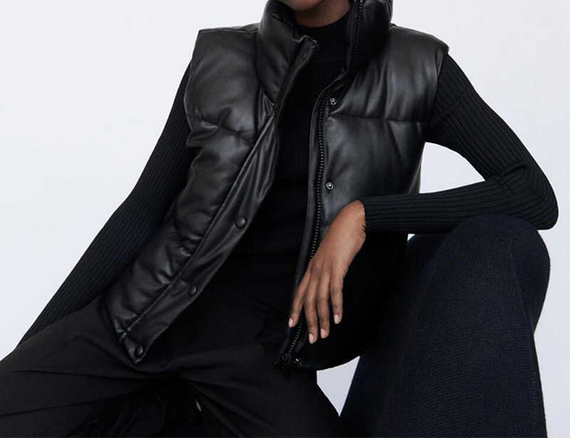 Autumn Winter Women Black Warm Faux Leather Vest Coat Casual Zipper Sleeveless Jacket Female Short Cotton Outwear Tops Ladies 210910