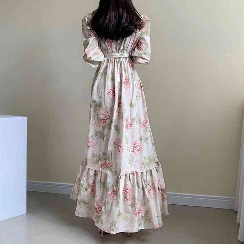 SHENGPLLAE Elegant Floral Dress Women's Spring Half High Collar Lace Stitching Up Waist Ruffle Maxi Dresses 5B480 210427