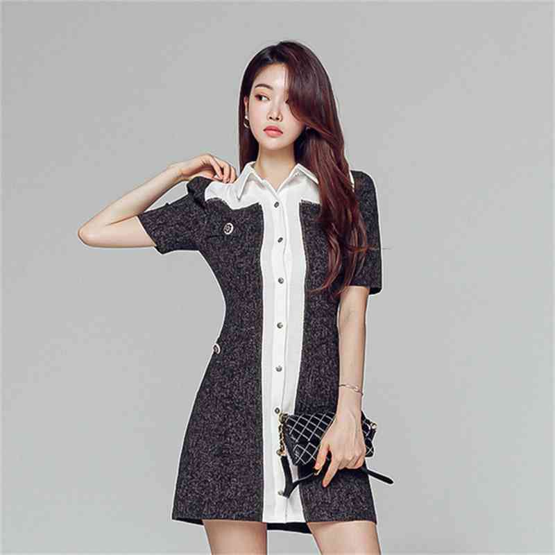 Autumn Women's Tweed Hit color patchwork Turn down collar Short Sleeve Mini Dress Bodycon Elegant Chic Vestido 210519